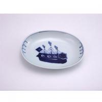 オランダ船小判小皿　青花　有田焼