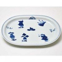 異人づくし小判プレート　青花　有田焼
