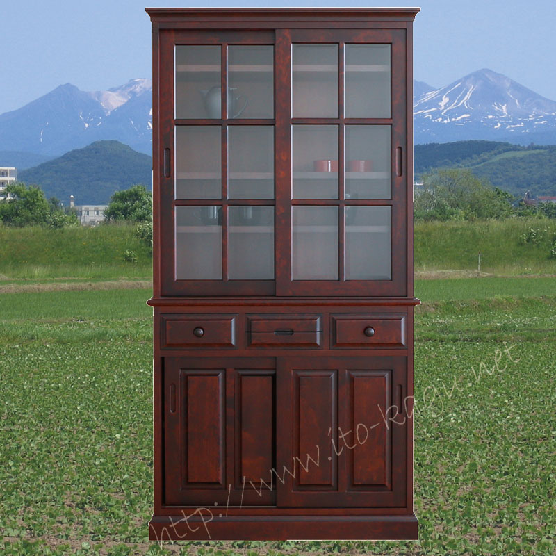 カバ材使用の90cm幅高級食器戸棚　こだわりの北海シリーズ