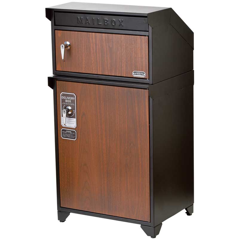 ガルバリウム鋼材仕様の木目調の前扉で素敵な宅配ボックス付きポスト　ブラック&ウォールナット