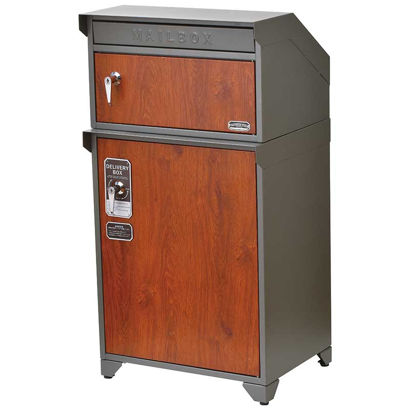 ガルバリウム鋼材仕様の木目調の前扉で素敵な宅配ボックス付きポスト　グレー&チーク