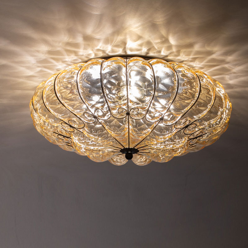 ムラノガラスおしゃれな形のアンバー3灯シーリング照明　イタリア製