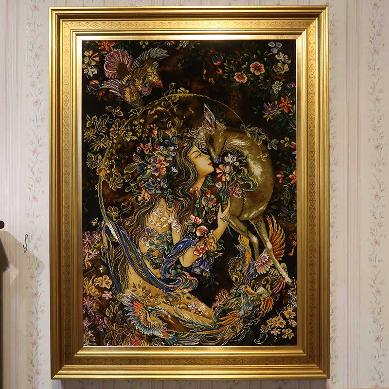 ペルシャ絨毯絵画　ピクチャー　約W73×D6.5×H97.5cm(額含む) 天女と鹿