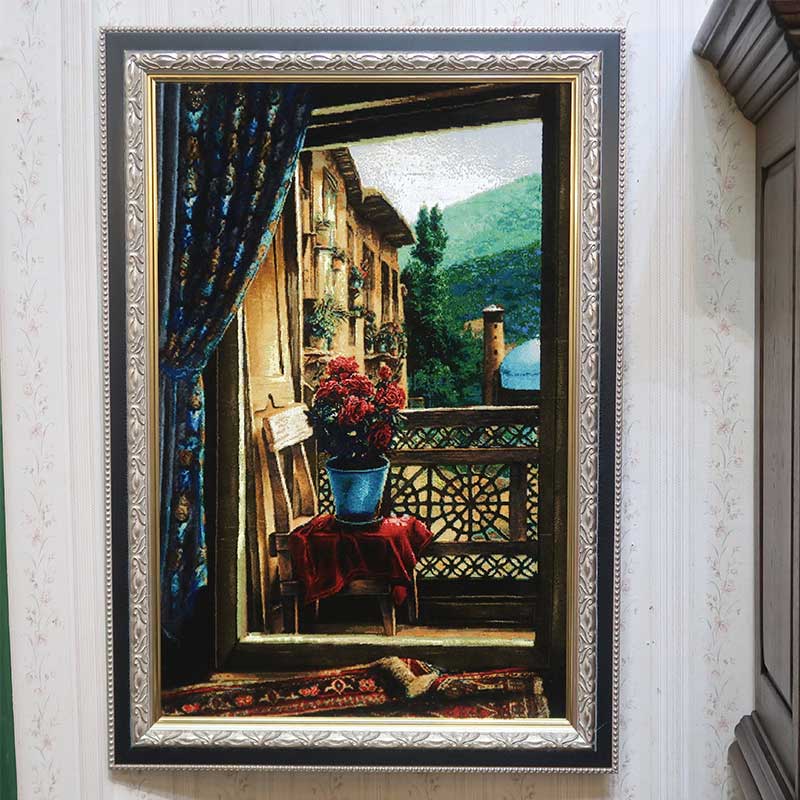 ペルシャ絨毯絵画　ピクチャー　約W67×D5.5×H97cm(額含む) 窓辺