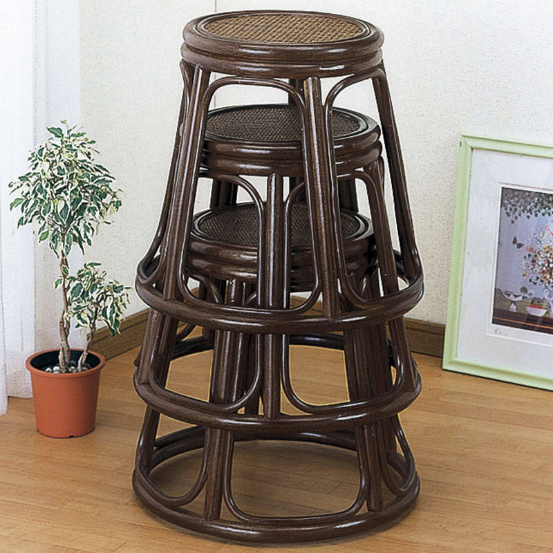 積み重ねて収納できるスタッキング式のラタンスツール3個組セット　ラタン・籐家具