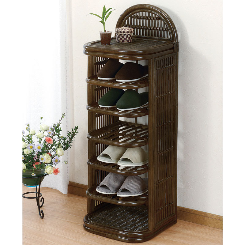 ダークブラウン色のシックな6段のラタンスリッパラック　ラタン・籐家具
