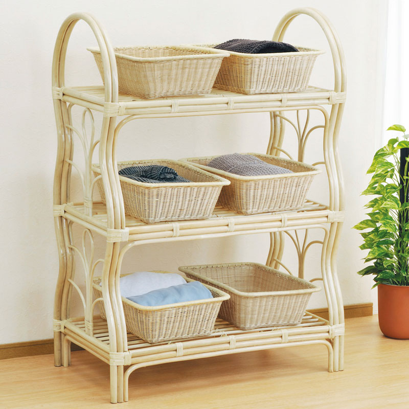 浴室や脱衣所で活躍するバスケットラック(脱衣カゴは別売)　ラタン・籐家具
