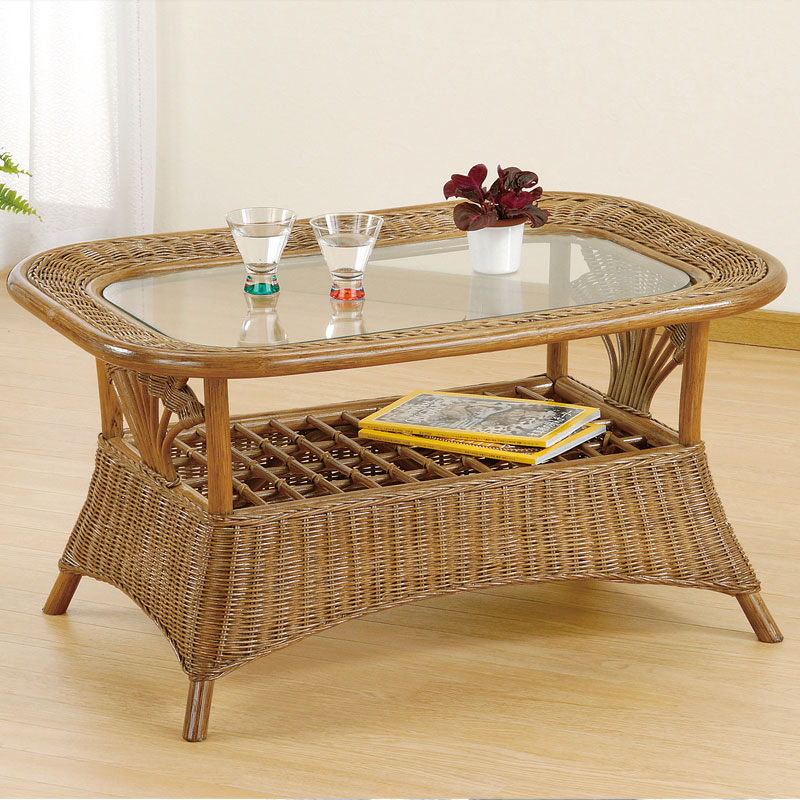 90cm幅の格子の棚と脚の形がおしゃれな籐製ソファーテーブル　ラタン・籐家具