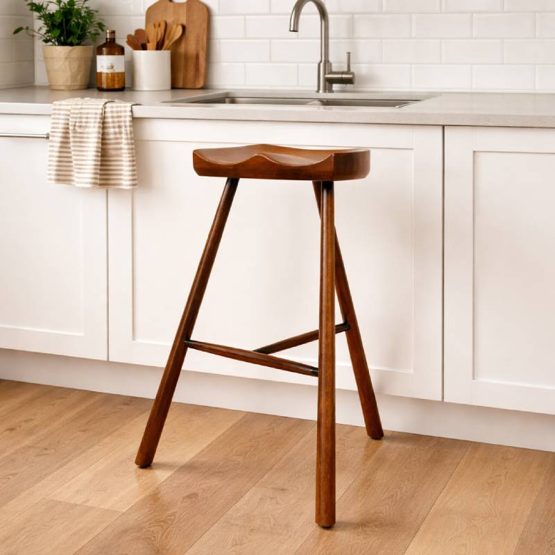 三本足のおしゃれなオーク無垢材使用のアンティーク風ハイスツール(高さ70cm)　 アンティーク調家具