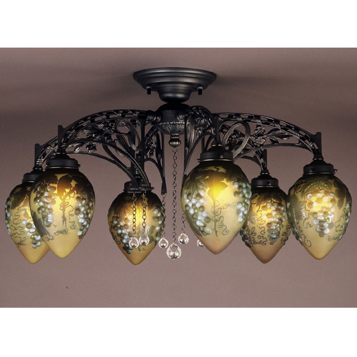 葡萄をモチーフにした6灯シャンデリア照明　(ブルーグレープ)　ガレコレクション 送料無料