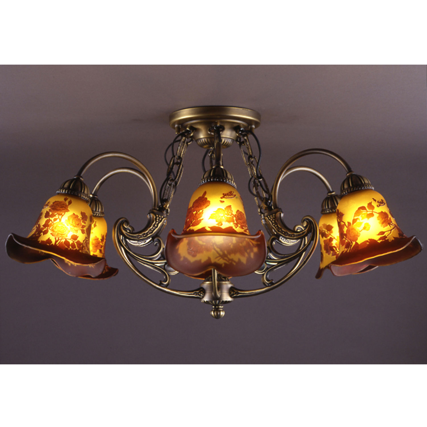 6灯ガレ風シャンデリア照明　薔薇　ガレコレクション　輸入照明　送料無料