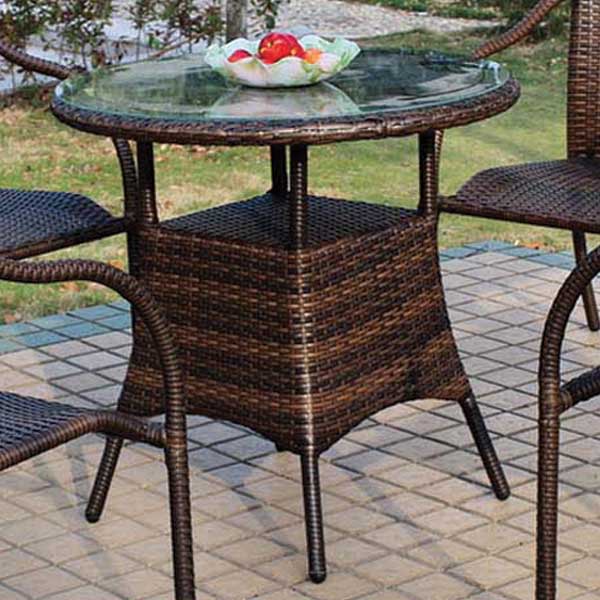 人工ラタンで作った90cm丸のラウンドガラステーブル　人工ラタン家具