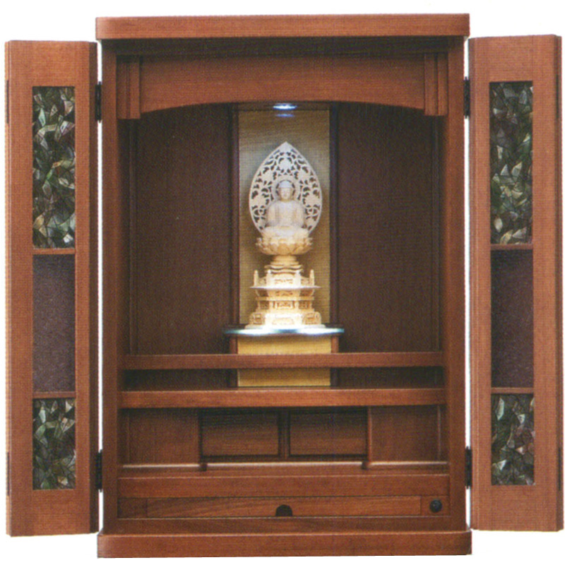 ステンドフィルム加工張りの国産インテリア仏壇-カトレア上置きDX(家具調仏壇)