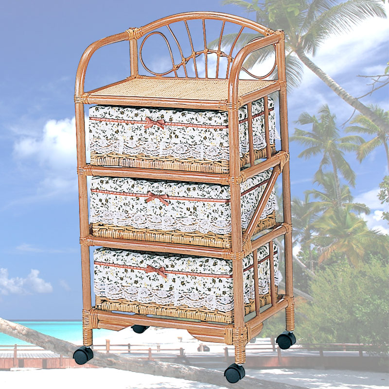 引出内部布張りの籐3段ランドリー(キャスター付き)　ラタン・籐家具