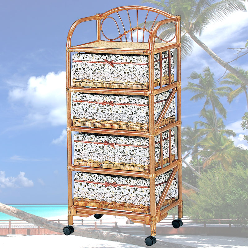 引出内部布張りの籐4段ランドリー(キャスター付き)　ラタン・籐家具