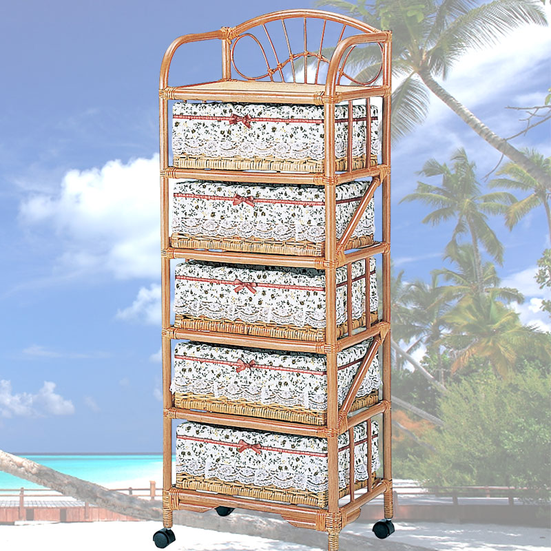 引出内部布張りの籐5段ランドリー(キャスター付き)　ラタン・籐家具