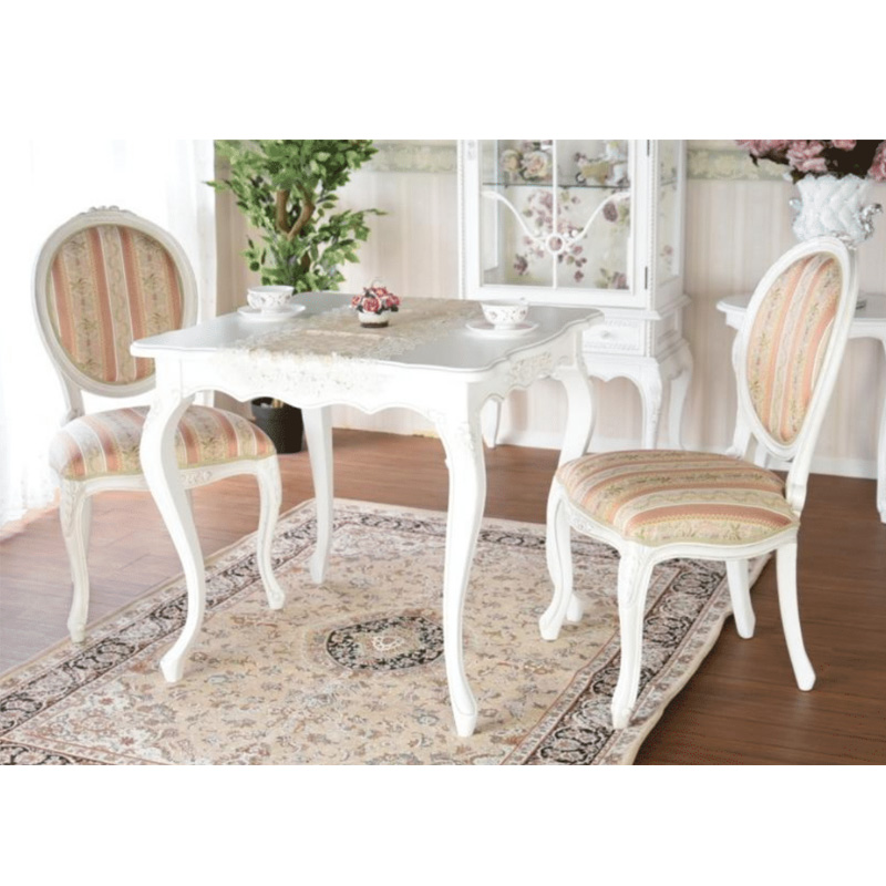 アンティークホワイトの80cm角型猫脚イタリアンダイニングテーブル3点セット