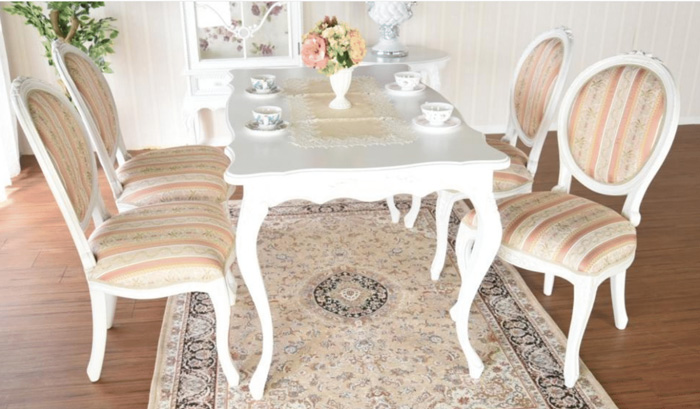 アンティークホワイトの130cm幅角型猫脚イタリアンダイニングテーブル5点セット