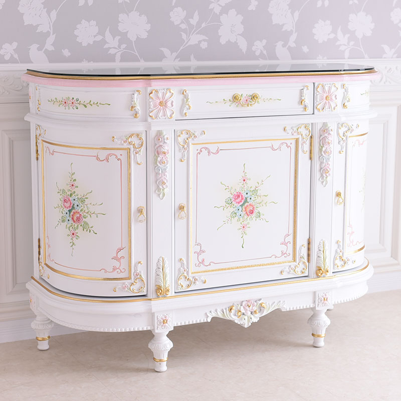 優美で女性的な曲線美の3ドアサイドボード(ガラス天板付き)　アントワネットシリーズ　ロココ調家具