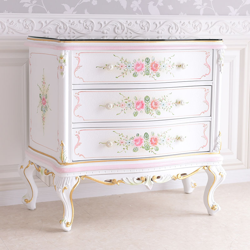 3段チェスト(ガラス天板付き)　アントワネットシリーズ　ロココ調家具