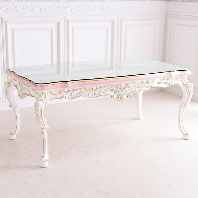 ロココ調猫脚センターテーブル(ガラス天板付き)　アントワネットシリーズ