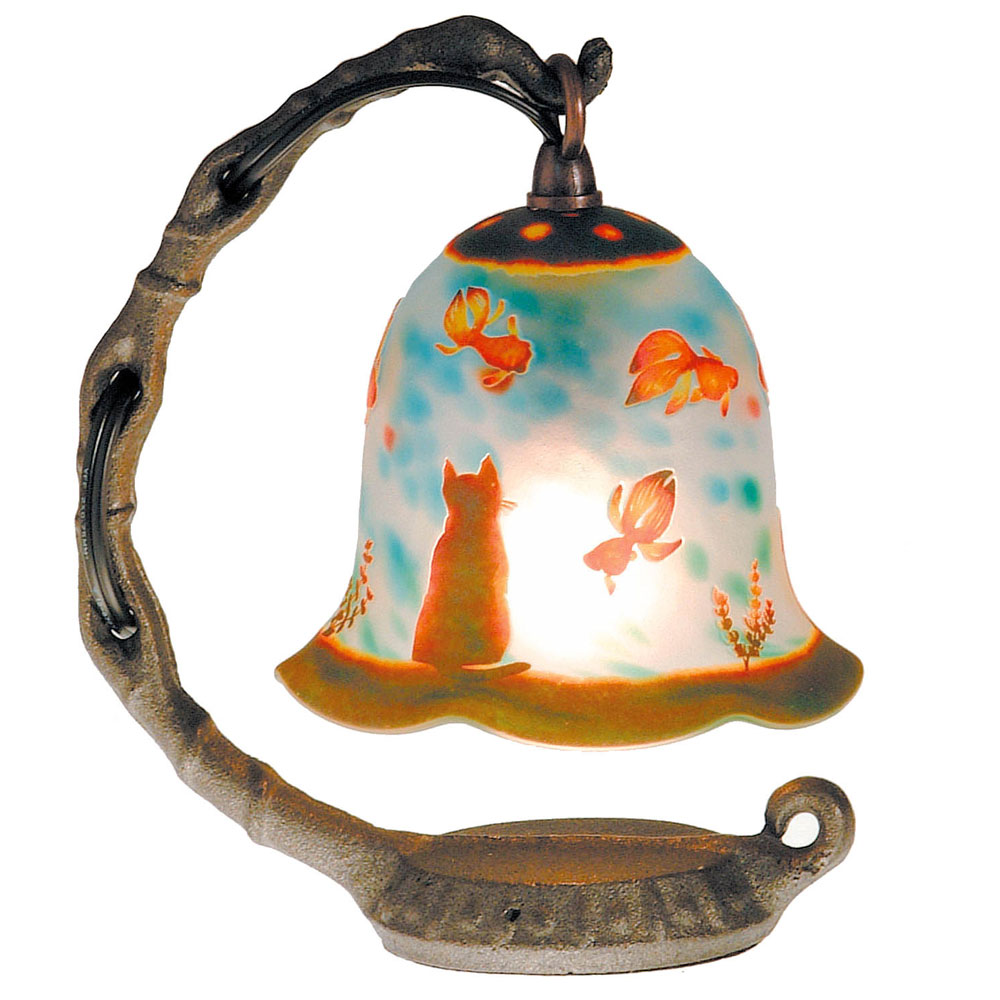 手造り宙吹きガラスミニランプ　猫と金魚　ガラス工芸作家作品　送料無料