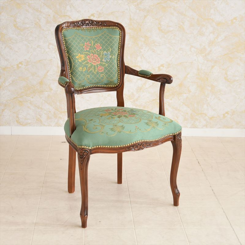 イタリア製ルネッサンスItalia ドルチェ ローズQUEENグリーン猫脚サロン1Pチェア　輸入家具