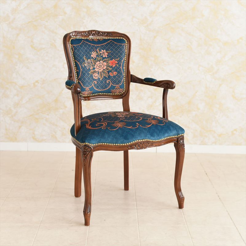 イタリア製ルネッサンスItalia ドルチェ ローズQUEENブルー猫脚サロン1Pチェア　輸入家具