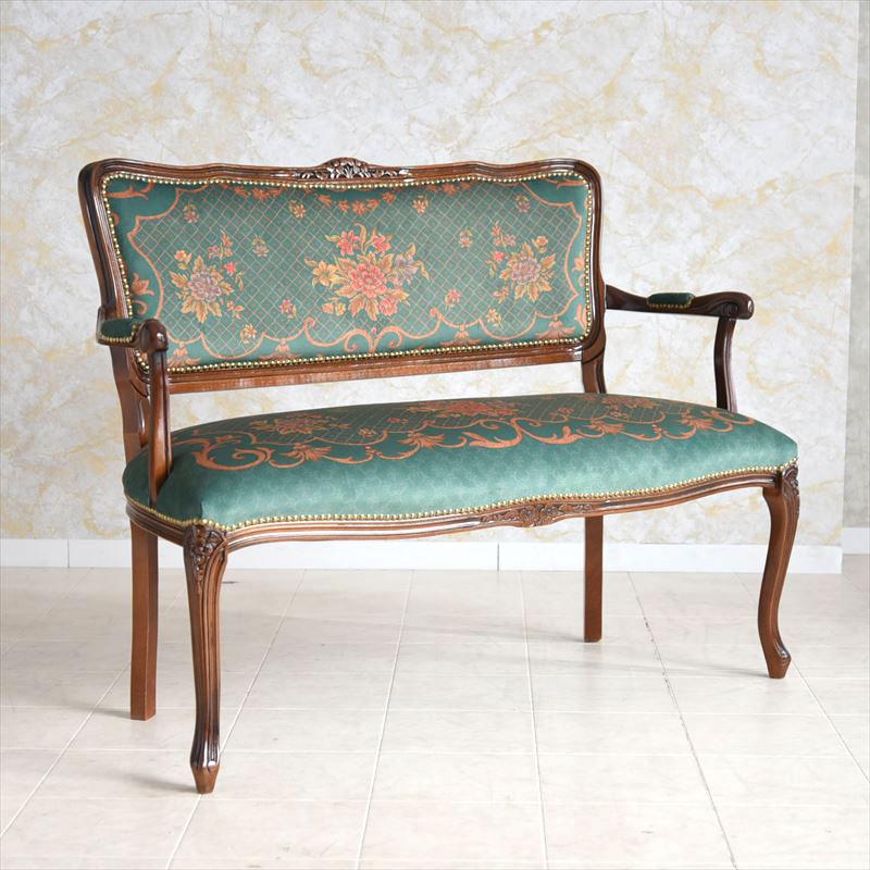 イタリア製ルネッサンスItalia ドルチェ ローズQUEENグリーン猫脚サロン2Pチェア　輸入家具