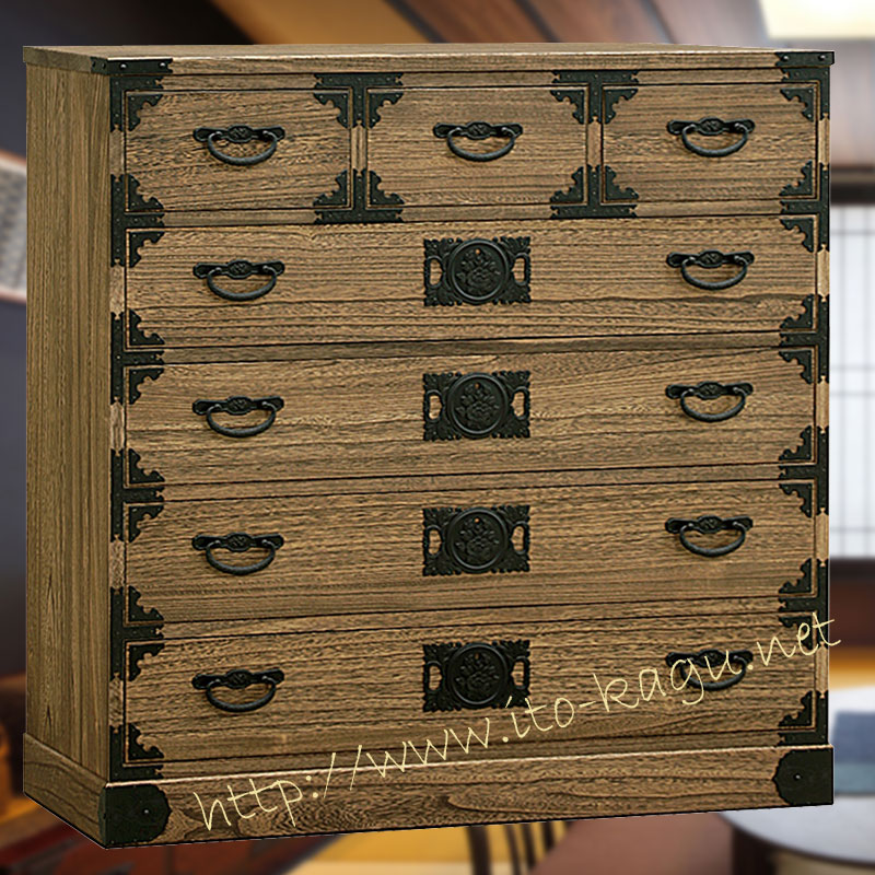 総桐5段ハイチェスト　牡丹　時代仕上げ(オイル仕上げ)