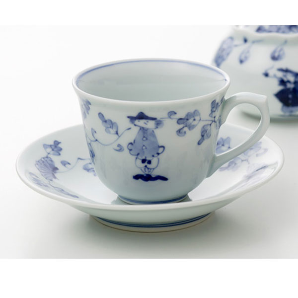 唐草異人百合型コーヒー碗皿  有田焼　青花