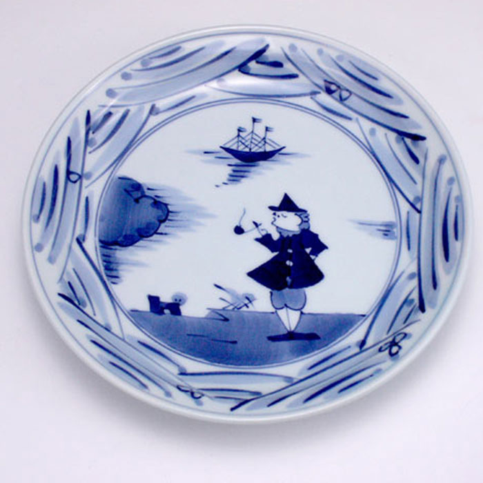 長崎紋玉渕7寸ケーキ皿　青花　有田焼