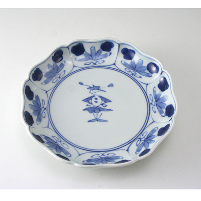 花と人形八方割6寸皿　青花　有田焼