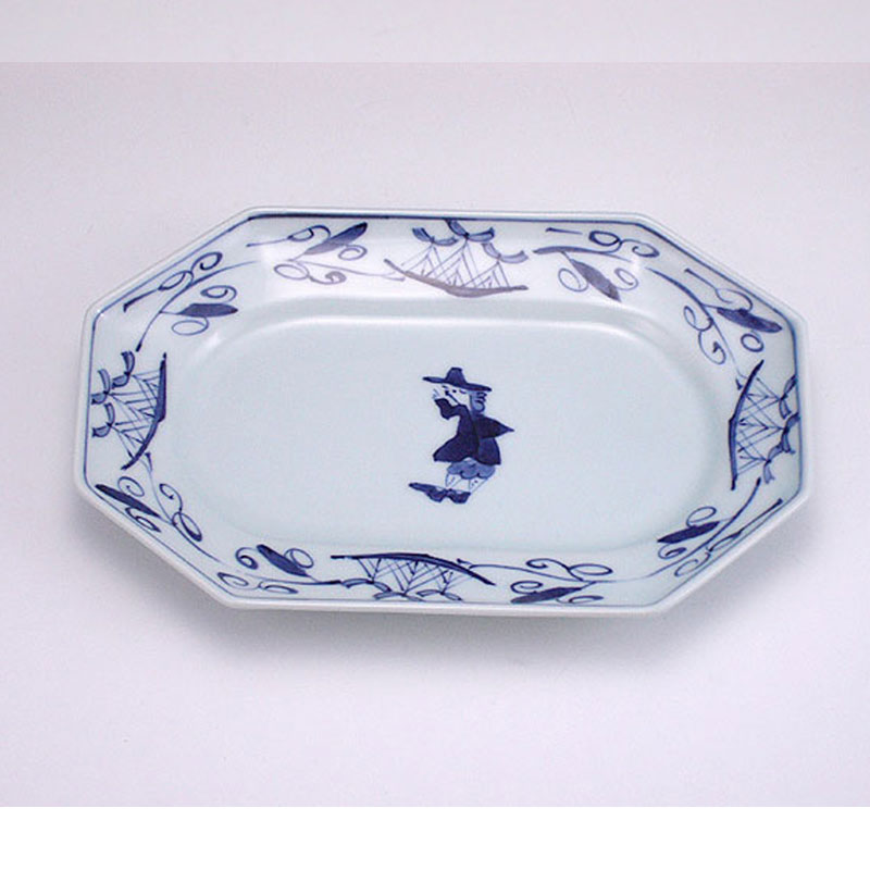 帆船つなぎ八角長角皿　青花　有田焼
