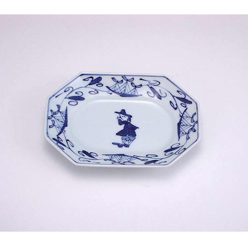 帆船つなぎ八角長角取皿　青花　有田焼