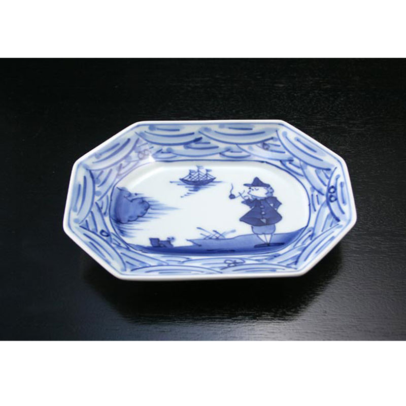 長崎紋八角長角取皿　青花　有田焼
