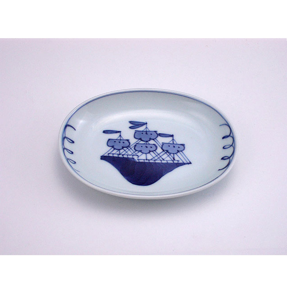 帆船小判小皿　青花　有田焼