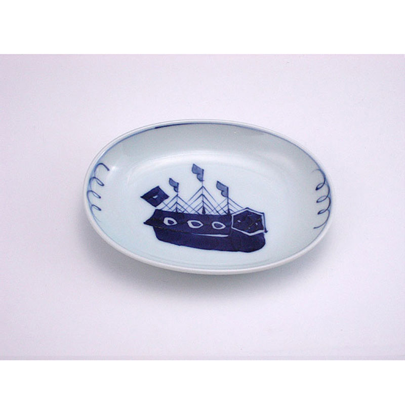 オランダ船小判小皿　青花　有田焼