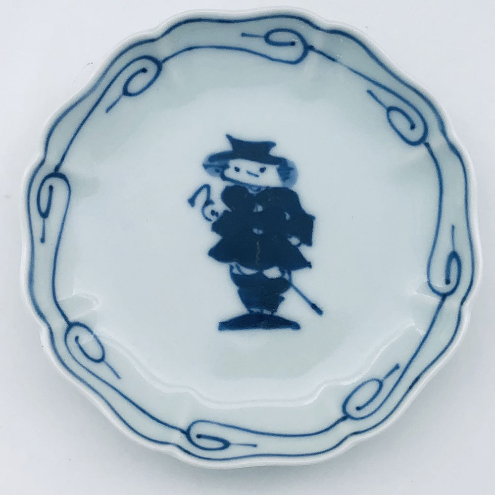 ステッキ異人八方割小皿　青花　有田焼