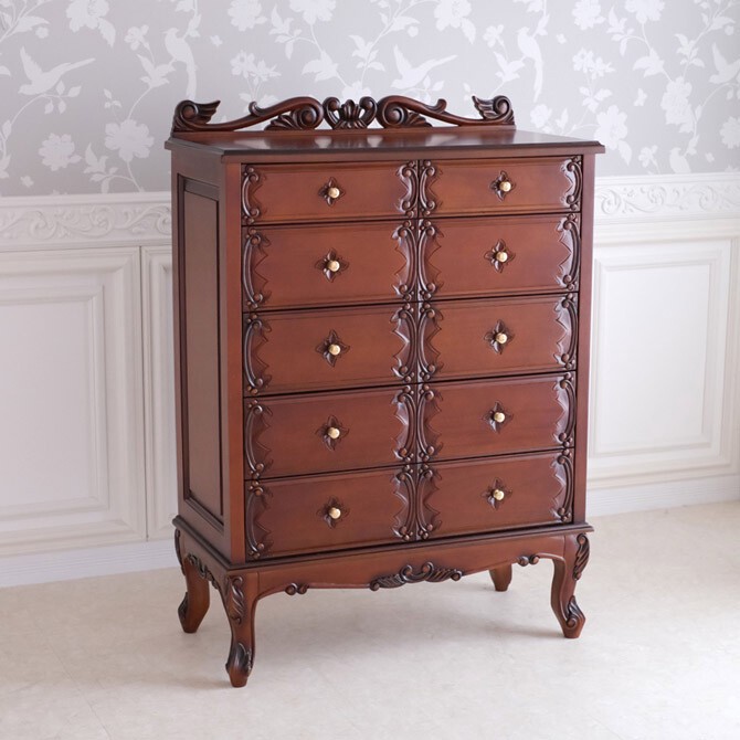 アンティーク調のマホガニーグランデ5段チェスト　ナポリDX　輸入家具