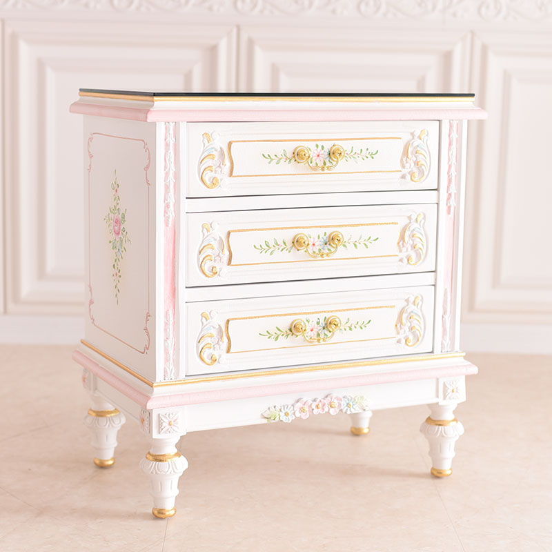 ナイトテーブル(ガラス天板付き)　アントワネットシリーズ　ロココ調家具