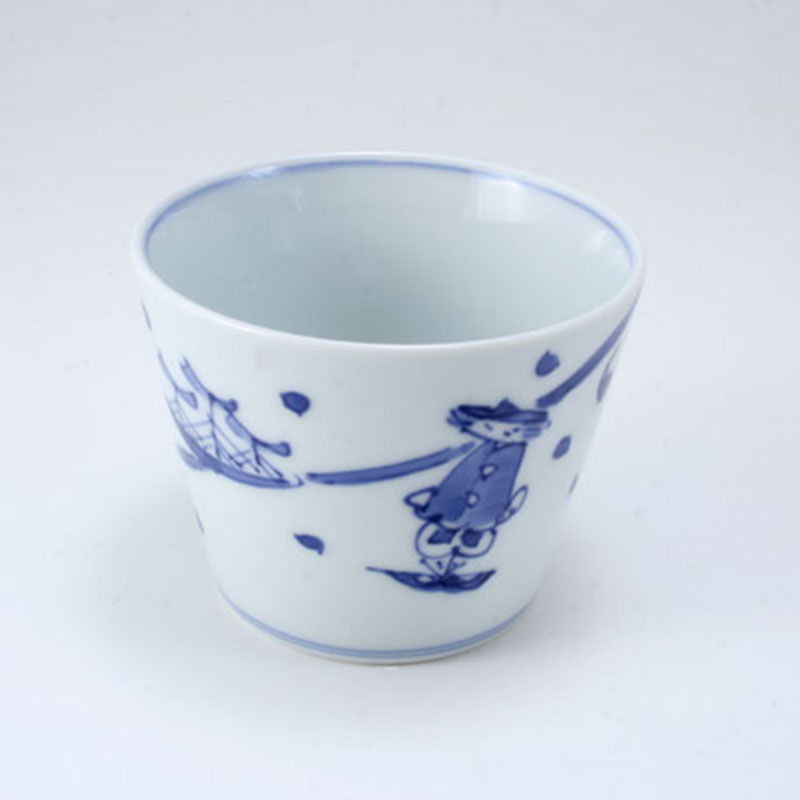 波と紅毛人そば猪口　青花　有田焼