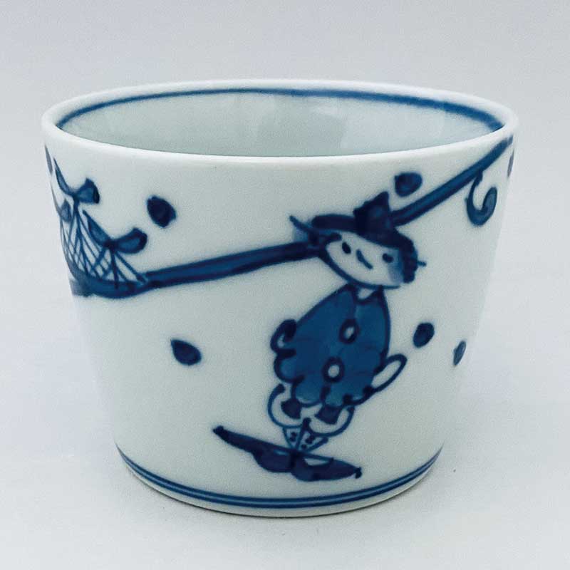 波と紅毛人そば猪口(小)　青花　有田焼