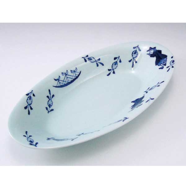 草花異人小判カレー皿(中)　青花　有田焼