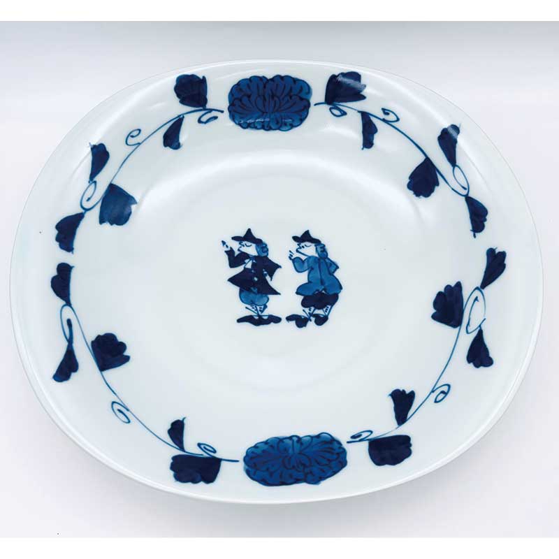 牡丹唐草二人異人両切カレー皿　青花　有田焼