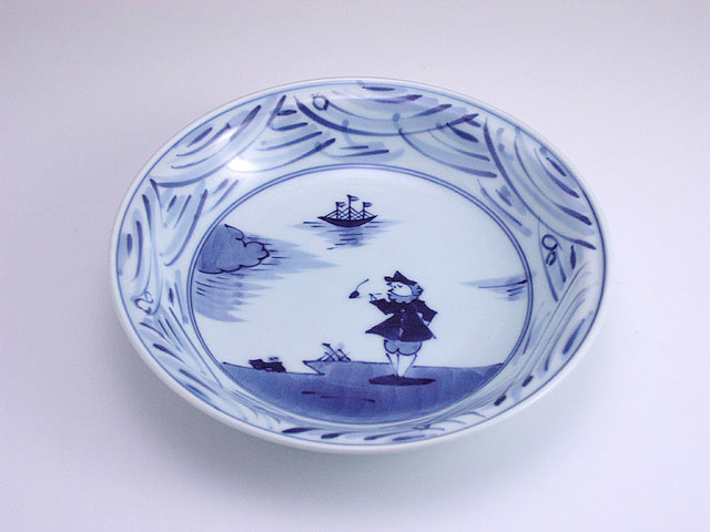 長崎紋玉渕7寸スープ皿　青花　有田焼
