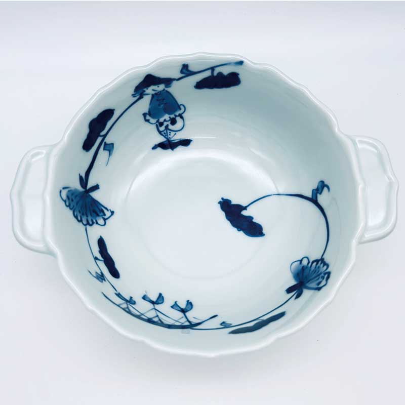 牡丹唐草異人新耳付スープ碗　青花　有田焼