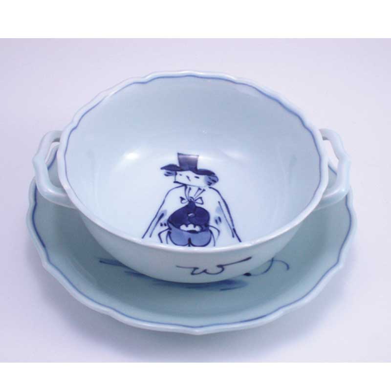 マント異人耳付スープ碗皿青花　有田焼
