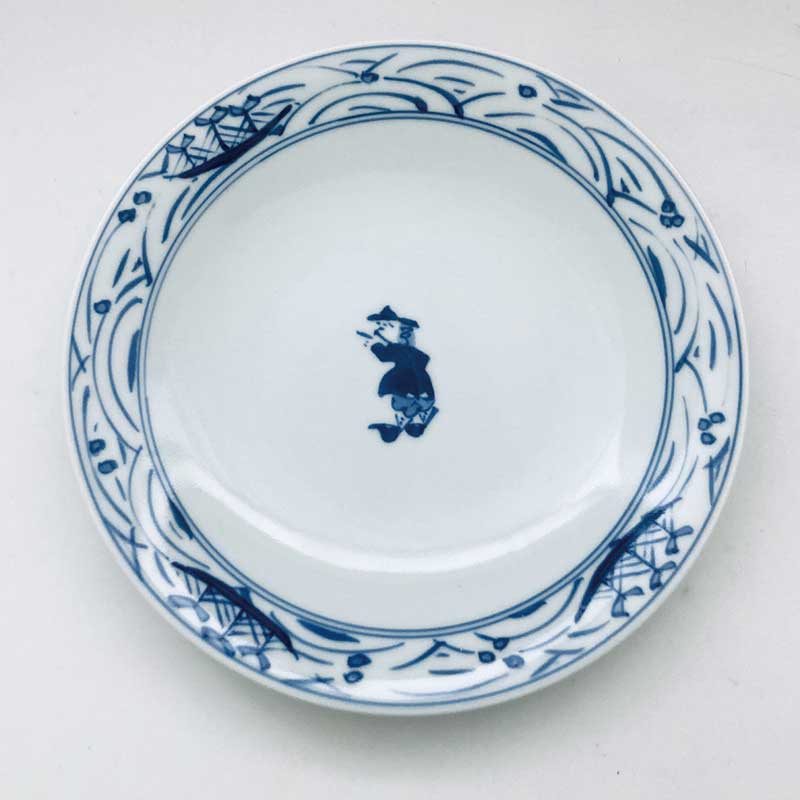 渕波帆船紅毛人反りケーキ皿　青花　有田焼