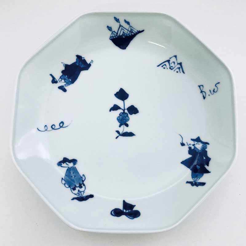 異人づくし正八角7寸皿　青花　有田焼